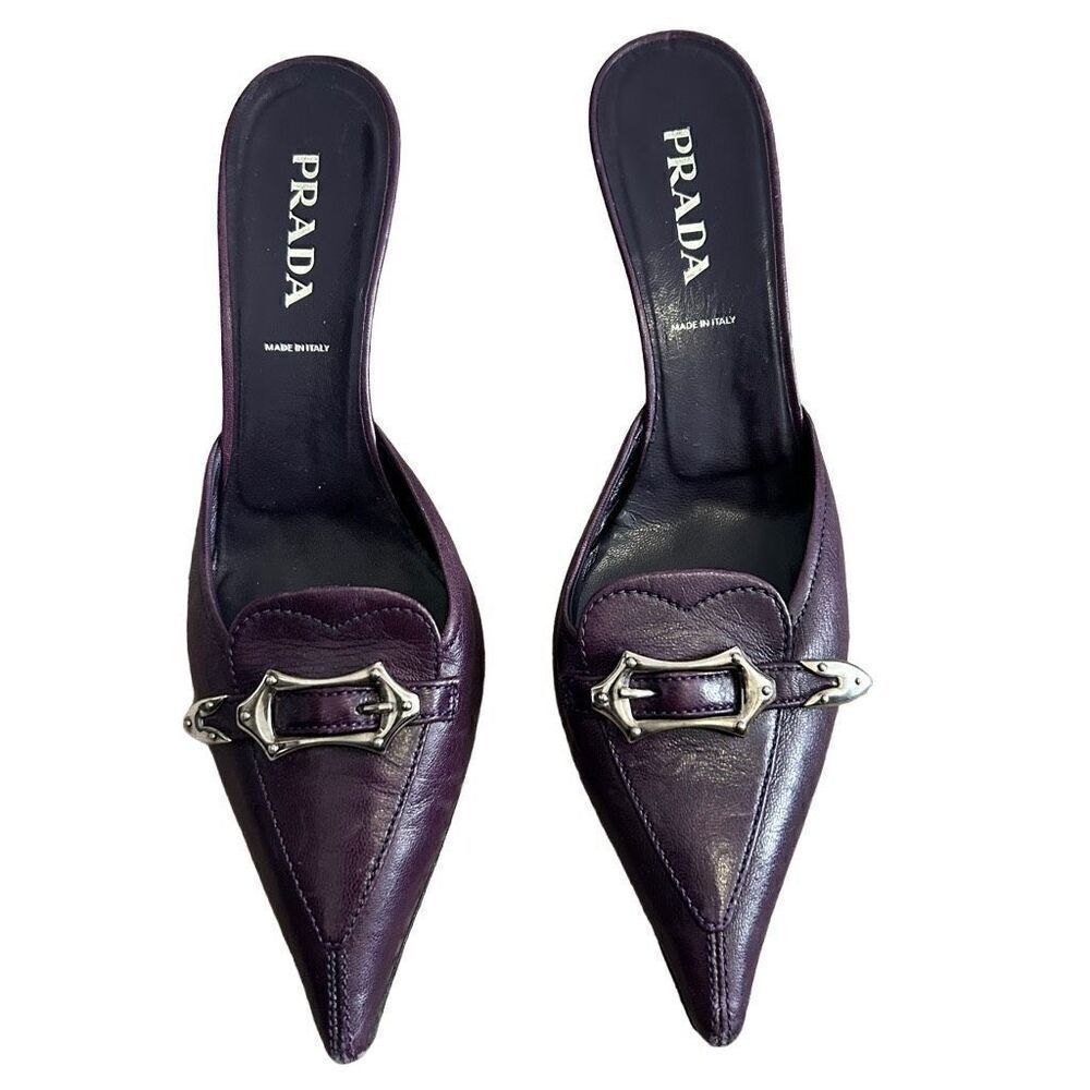 Prada Royal Purple Buckle Kitten Heel Mules